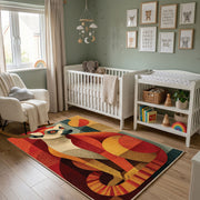 Colorful geometric squirrel rug wide room view in a modern nursery