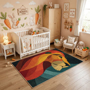 Colorful geometric fox rug styled in a bright nursery