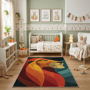 Colorful geometric fox rug shown beside a child's bed