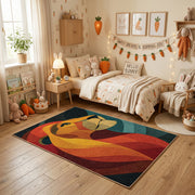 Colorful geometric fox rug centered in a cozy playroom