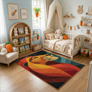 Colorful geometric fox rug displayed in a warm kids bedroom