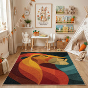 Colorful geometric fox rug angled view with wooden furniture