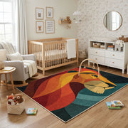Colorful geometric fox rug shown near a reading corner