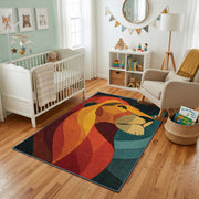 Colorful geometric fox rug styled with soft nursery decor