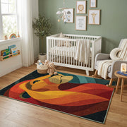 Colorful geometric fox rug displayed in a colorful play space