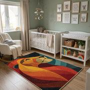 Colorful geometric fox rug wide room view in a modern nursery