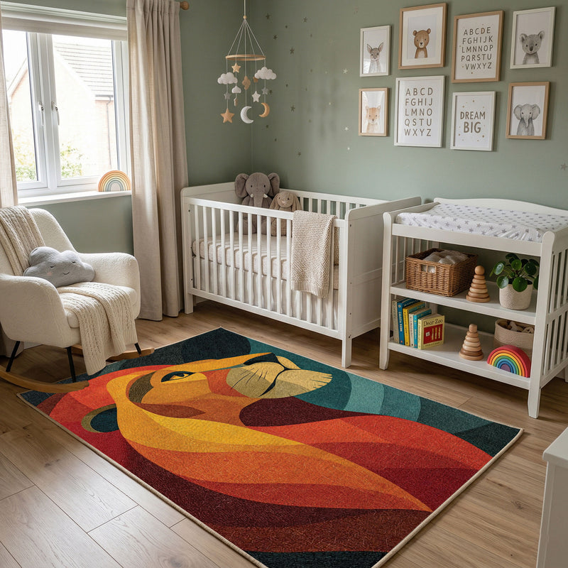 Colorful geometric fox rug wide room view in a modern nursery