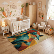 Colorful geometric fox rug styled in a bright nursery