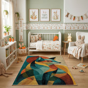 Colorful geometric fox rug shown beside a child's bed