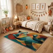 Colorful geometric fox rug centered in a cozy playroom