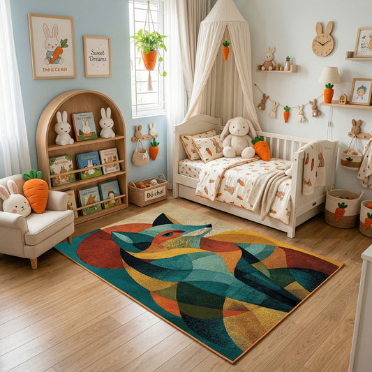 Colorful geometric fox rug displayed in a warm kids bedroom