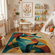 Colorful geometric fox rug angled view with wooden furniture