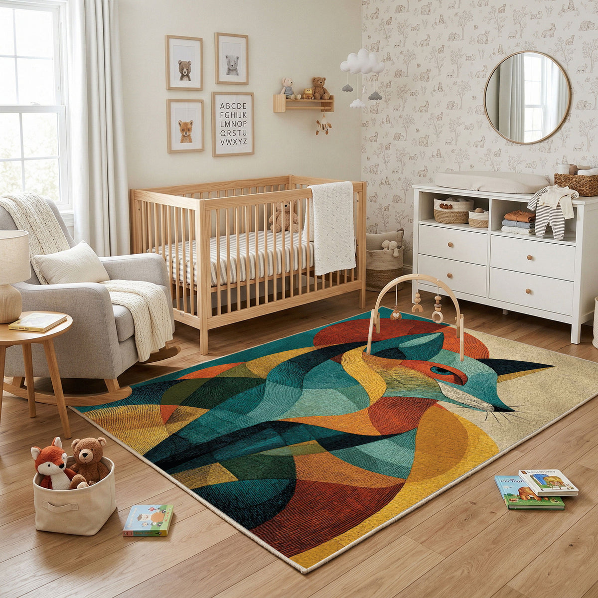 Colorful geometric fox rug shown near a reading corner