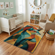 Colorful geometric fox rug styled with soft nursery decor