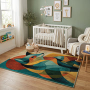 Colorful geometric fox rug displayed in a colorful play space