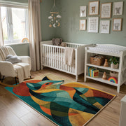 Colorful geometric fox rug wide room view in a modern nursery