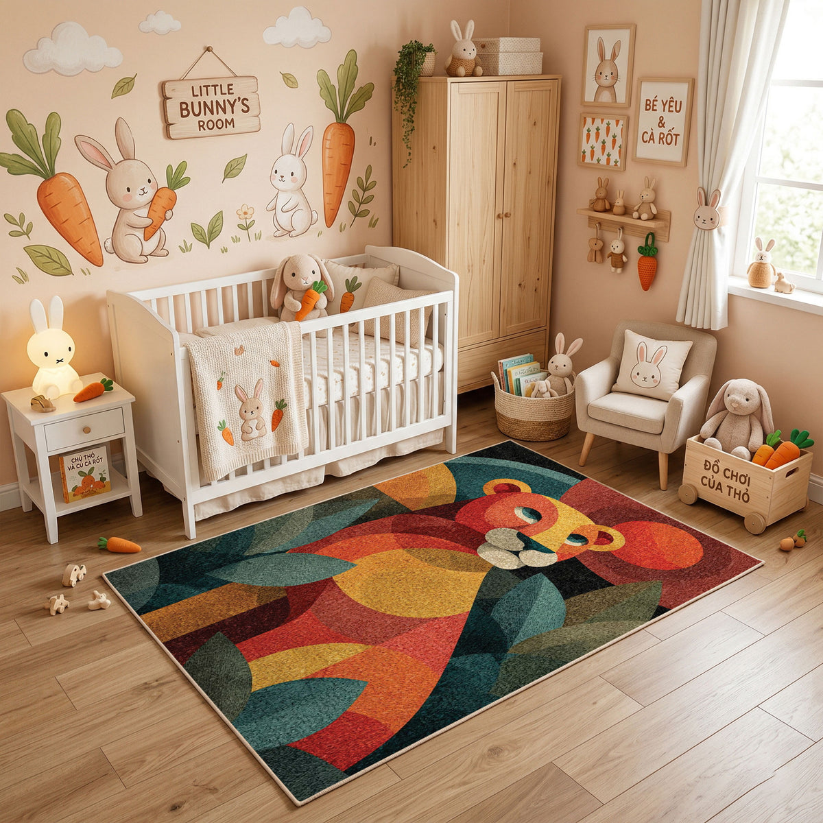 Colorful geometric squirrel rug styled in a bright nursery