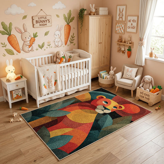 Colorful geometric squirrel rug styled in a bright nursery