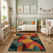 Colorful geometric squirrel rug shown beside a child's bed