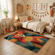Colorful geometric squirrel rug centered in a cozy playroom