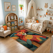 Colorful geometric squirrel rug displayed in a warm kids bedroom