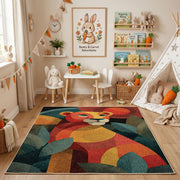 Colorful geometric squirrel rug angled view with wooden furniture