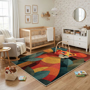 Colorful geometric squirrel rug shown near a reading corner