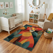 Colorful geometric squirrel rug styled with soft nursery decor