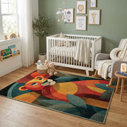 Colorful geometric squirrel rug displayed in a colorful play space