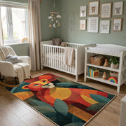 Colorful geometric squirrel rug wide room view in a modern nursery