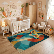 Colorful geometric deer rug styled in a bright nursery