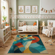 Colorful geometric deer rug shown beside a child's bed