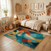 Colorful geometric deer rug centered in a cozy playroom
