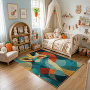 Colorful geometric deer rug displayed in a warm kids bedroom