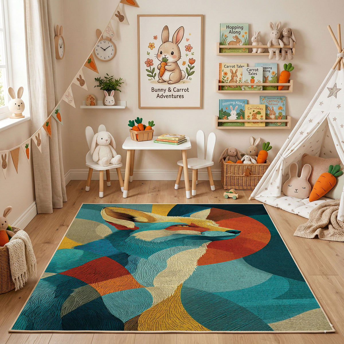 Colorful geometric deer rug angled view with wooden furniture