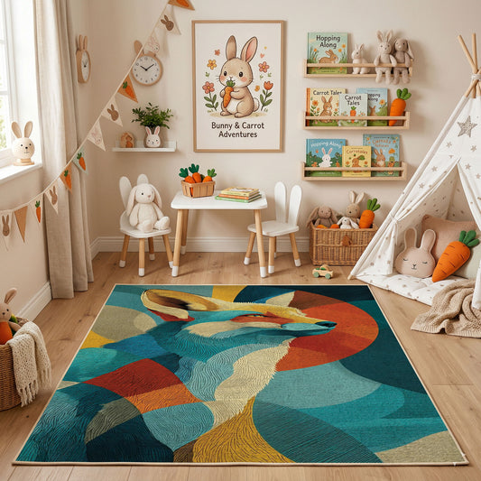 Colorful geometric deer rug angled view with wooden furniture