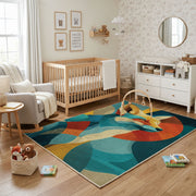 Colorful geometric deer rug shown near a reading corner