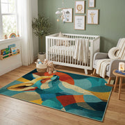 Colorful geometric deer rug displayed in a colorful play space