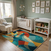 Colorful geometric deer rug wide room view in a modern nursery