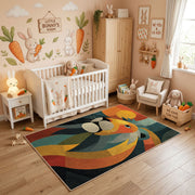 Colorful geometric lion rug styled in a bright nursery