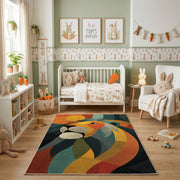 Colorful geometric lion rug shown beside a child's bed