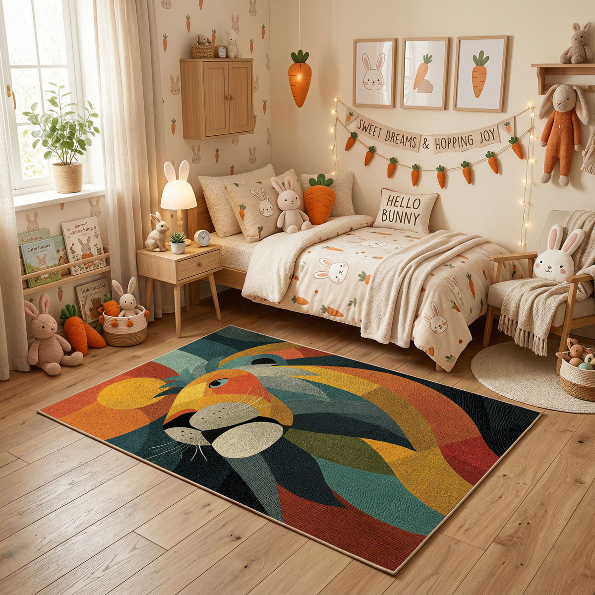 Colorful geometric lion rug centered in a cozy playroom