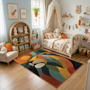 Colorful geometric lion rug displayed in a warm kids bedroom