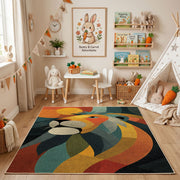 Colorful geometric lion rug angled view with wooden furniture