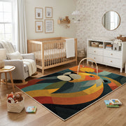 Colorful geometric lion rug shown near a reading corner