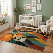 Colorful geometric lion rug displayed in a colorful play space