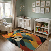 Colorful geometric lion rug wide room view in a modern nursery
