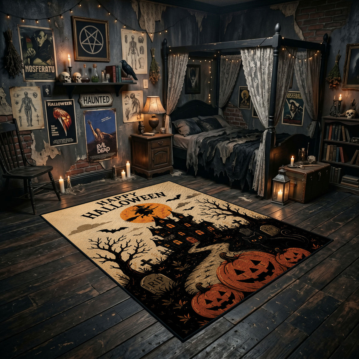 midnight pumpkin tree faux velvet Halloween area rug, featured room view