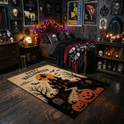 midnight pumpkin tree faux velvet Halloween area rug, cozy home setting
