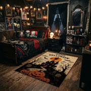 midnight pumpkin tree faux velvet Halloween area rug, angled room view